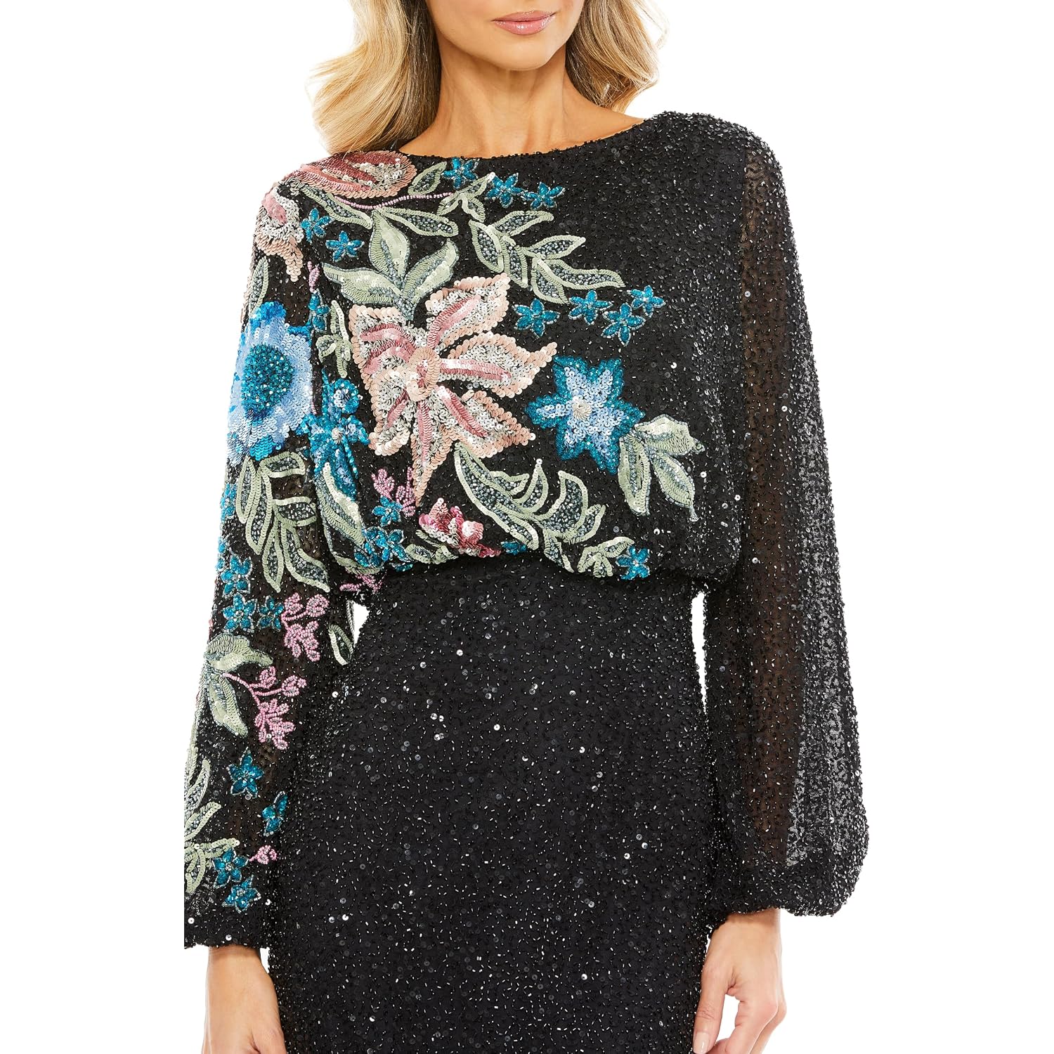 Mac Duggal Beaded Mesh Boat Neck Bishop Sleeve Column Gown