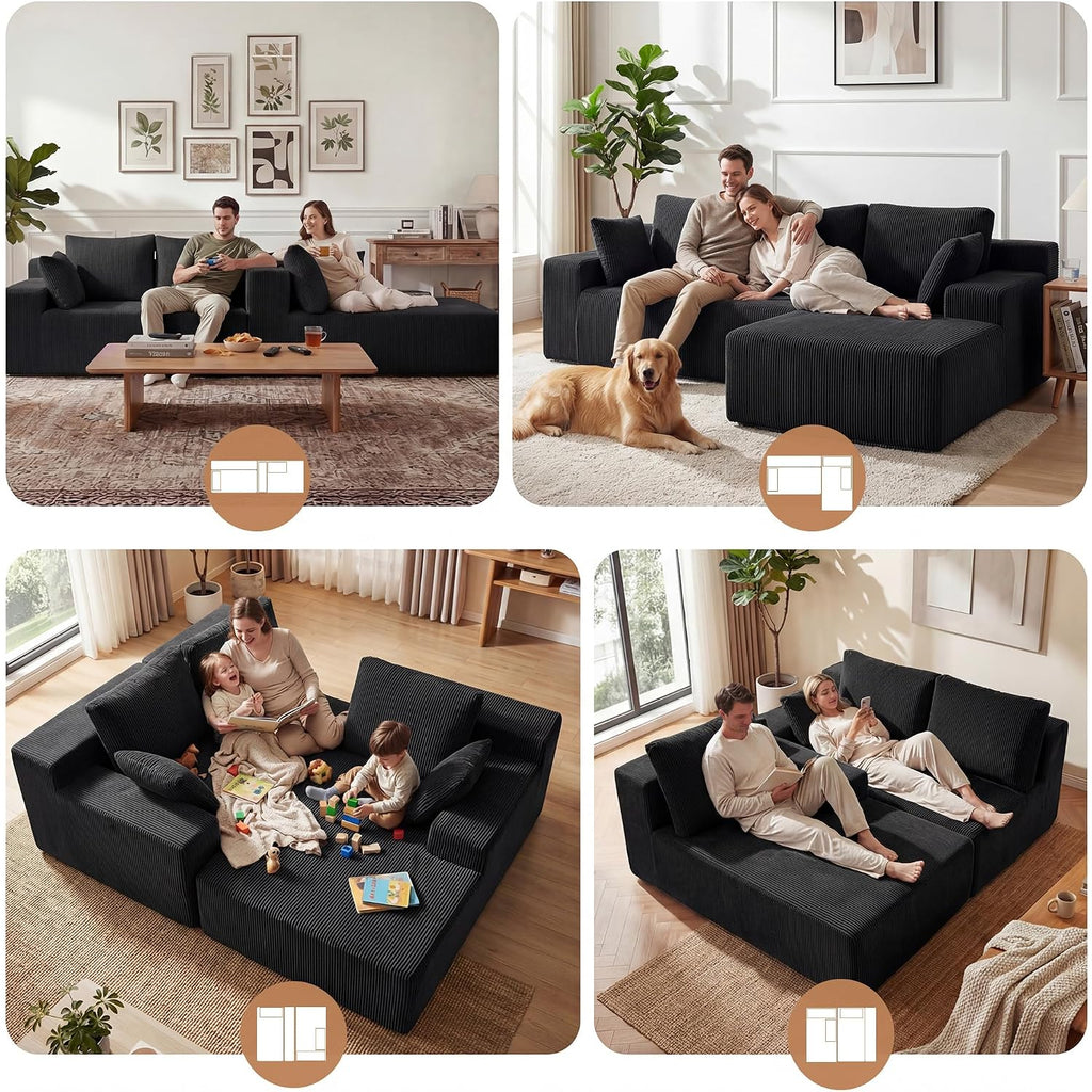 Cloud Sectional Boneless Couches For Living Room, Modular L Shaped Couch With Deep Seat Oversized Right Facing Chaise, Memory Foam Compressed Spineless 3 Seater Sofa For Apartment, Black