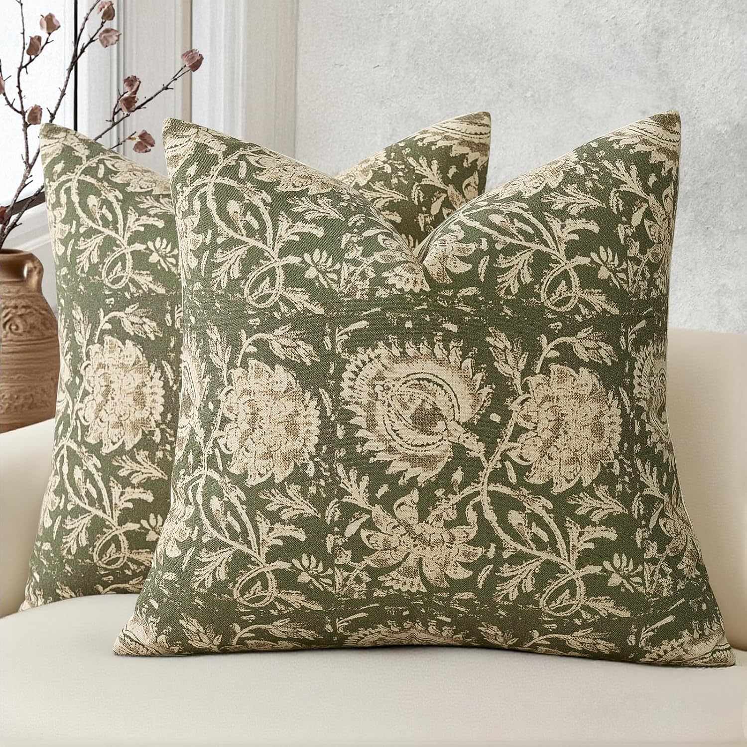Vintage Floral Print Throw Pillow Covers 20X20 Set Of 2 Neutral Modern Farmhouse Pillowcase Accent Decorative Cushion Covers Boho Home Decor For Couch Sofa Chair Bed Living Room, Olive Green