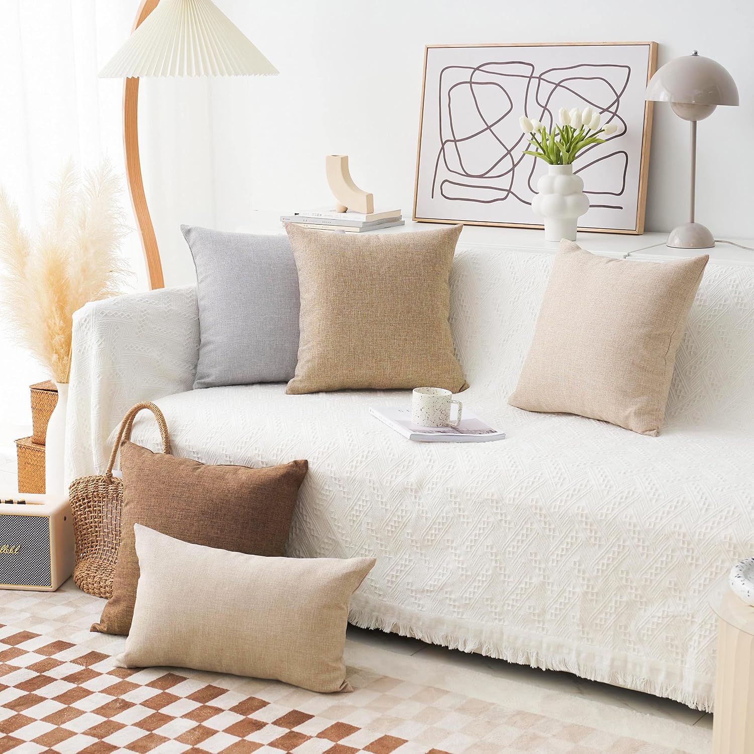 Home Brilliant Linen Throw Pillow Covers 18X18 Burlap Decorative Pillow Covers Farmhouse Throw Pillows For Couch Bench Sofa, Set Of 2, 18 X 18 Inch, Natural Linen