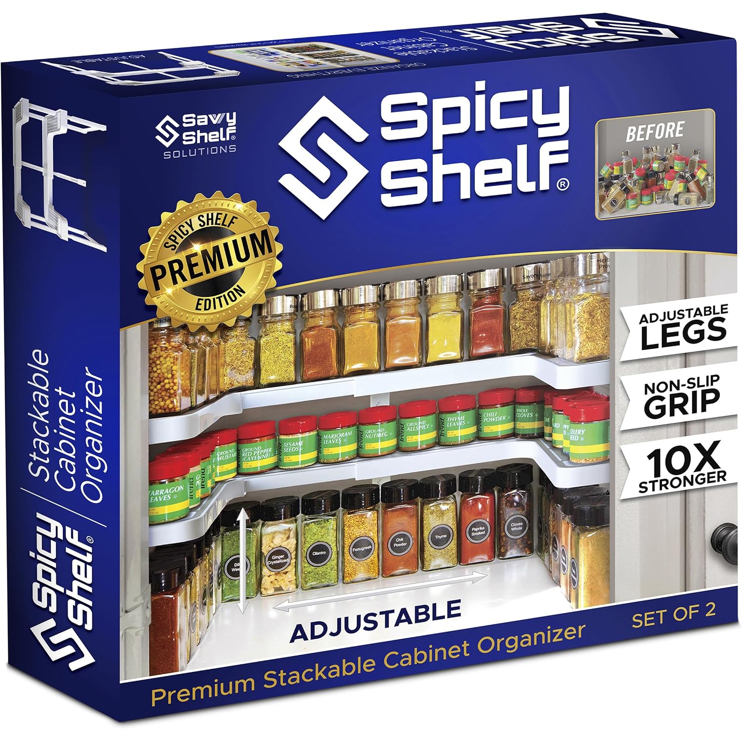 3.0 - Expandable 2 Tiered Spice Rack Organizer For Cabinet & Pantry - Kitchen Seasoning Organizer - Cabinet Spice Racks For Inside Cabinets (Spicy Shelf Premium) - Home Organization