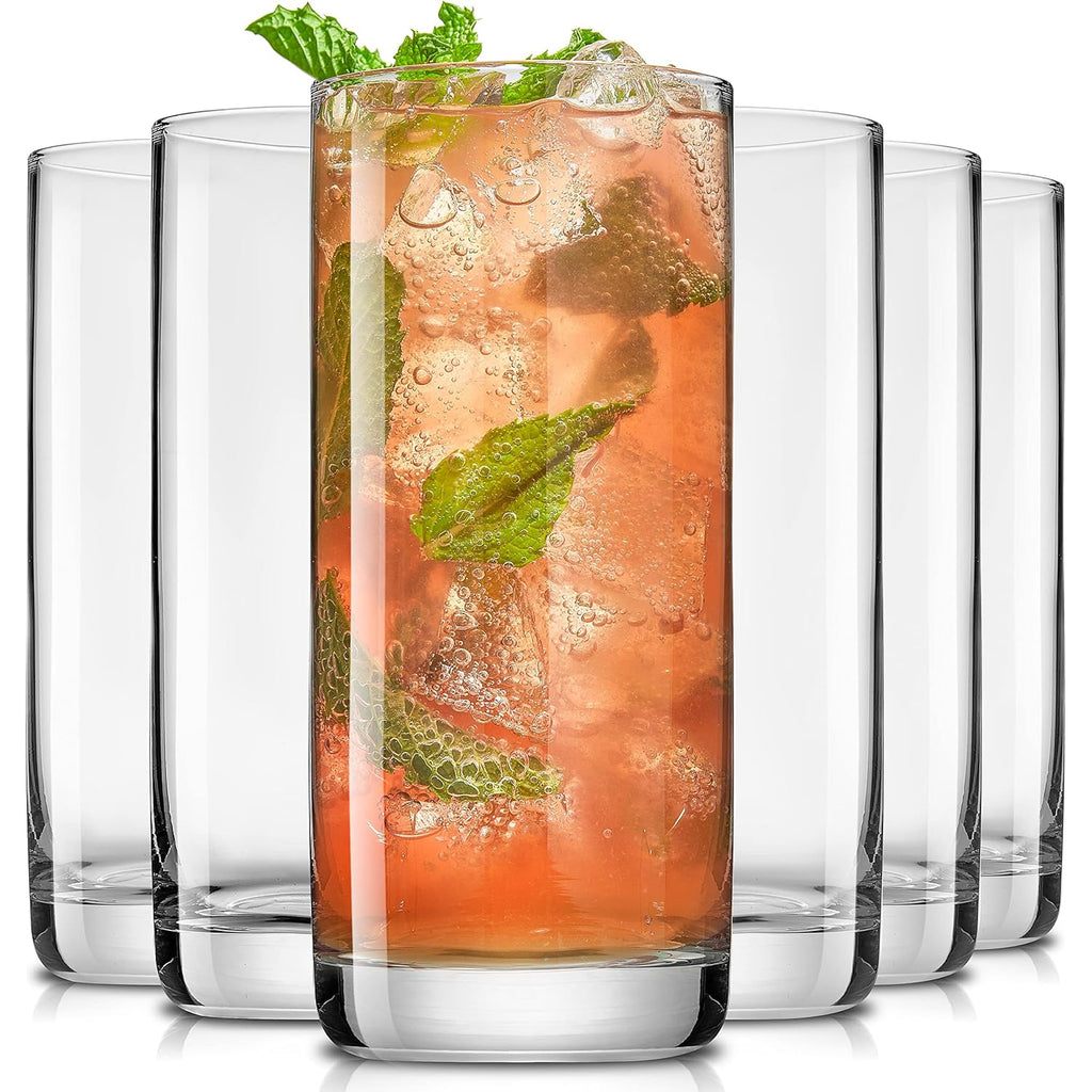 JoyJolt Faye 13oz Highball Glasses, 6pc Tall Glass Sets. Lead-Free Crystal Drinking Glasses. Water Glasses, Mojito Glass Cups, Tom Collins Bar Glassware, and Mixed Drink Cocktail Glass Set