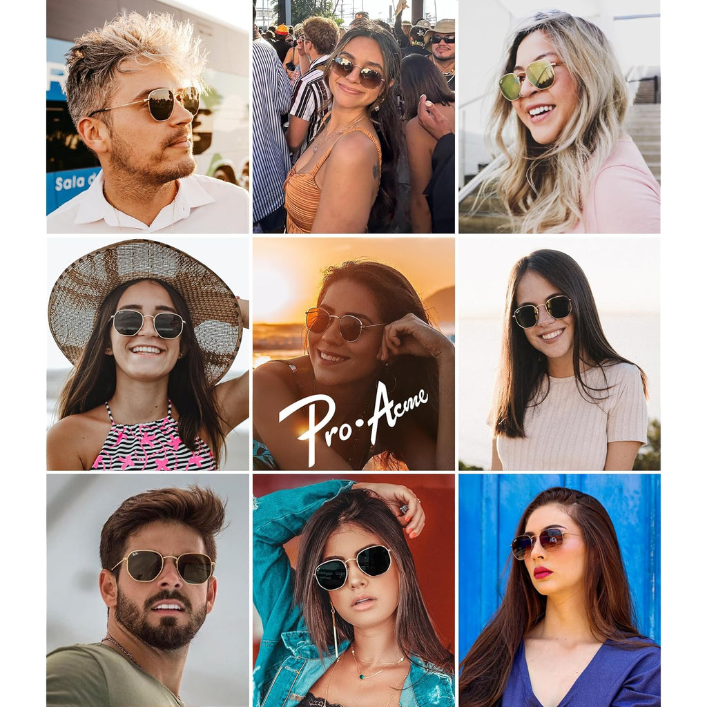 Pro Acme Small Square Sunglasses for Women Men 100% Real Glass Lens Hexagonal Frame