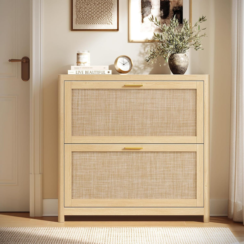 VASAGLE ELLAN Collection - Boho Shoe Storage Cabinet for Entryway Slim, Entry Shoe Cabinet with Rattan-Look Flip Drawers, Rounded Corners, Narrow for Entrance, Oak Beige UHSC601YC01