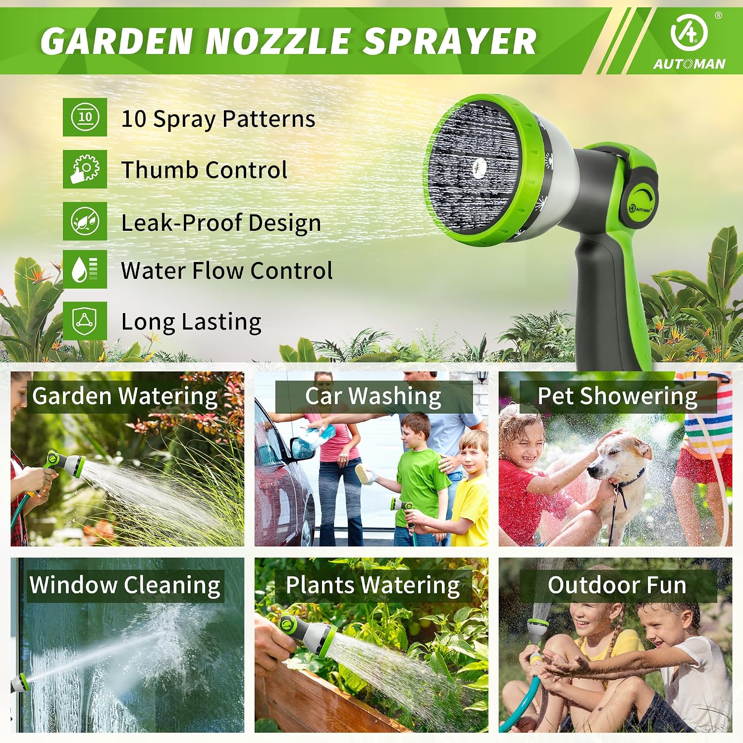 Automan Garden Hose Nozzle - 2 Pack, Thumb Control Sprayer, Slip-Resistant Water Nozzle, Extra 4 Washers, For Watering Plants Lawn & Garden, Cleaning, Washing Car, Showering Pets