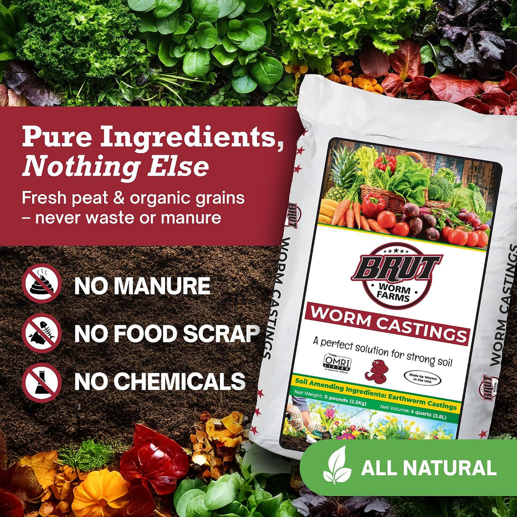 Brut Organic Worm Castings For Plants 5 Lb – Natural Nutrients, Fertility Builder, Plant Food For Potting Soil And Garden Soil – Indoor And Outdoor Use