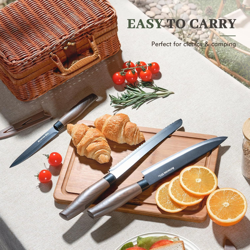 Astercook Knife Set, 13-Piece Kitchen Knives Set with 6 Blade Guards, Black Anti-Rust & Non-Stick Coating, Dishwasher Safe Stainless Steel Knives, Ergonomic Handle, Perfect for Holiday Gifts