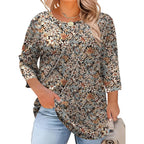 Lomon Womens Plus Size Tops 3/4 Length Sleeve Womens Tops Pleated Crewneck Fall Shirts Summer Blouses 2026 (1X-5X)