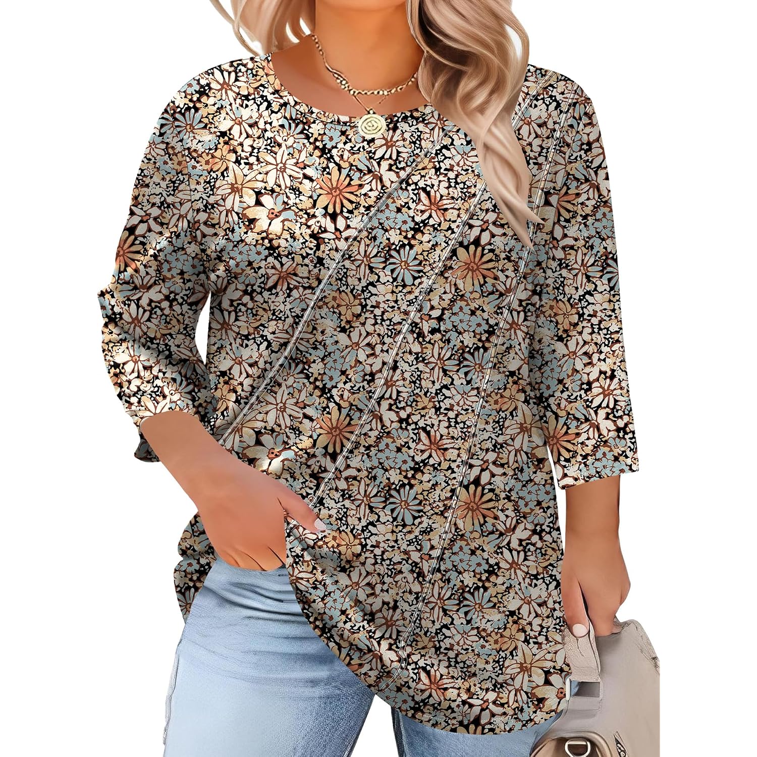 Lomon Womens Plus Size Tops 3/4 Length Sleeve Womens Tops Pleated Crewneck Fall Shirts Summer Blouses 2026 (1X-5X)