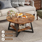 Round Coffee Table, Small Circle Coffee Table With Storage, Modern Wood Round Center Table For Living Room, Home Office, Small Space, Easy Assembly, Rustic Brown