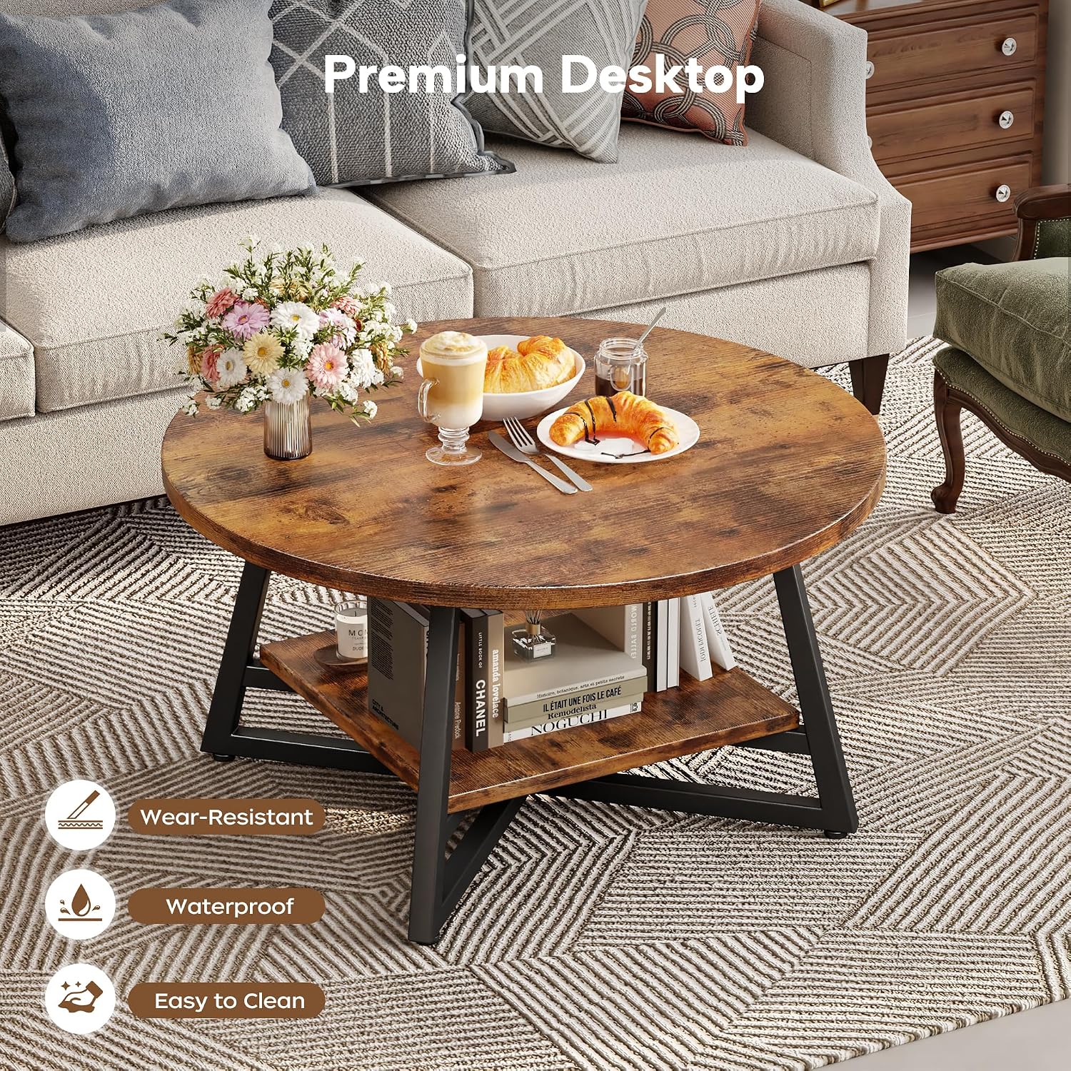 Round Coffee Table, Small Circle Coffee Table With Storage, Modern Wood Round Center Table For Living Room, Home Office, Small Space, Easy Assembly, Rustic Brown