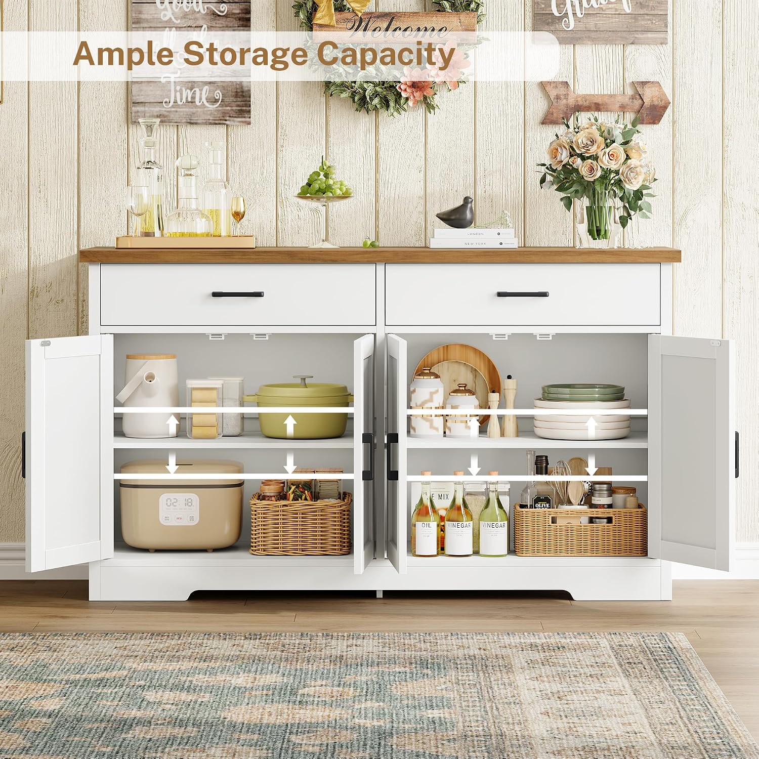 Buffet Cabinet With Storage And 2 Drawers, 47.2“ Large Sideboard Buffet Cabinet With Adjustable Shelves And Doors, Modern Coffee Bar Cabinet, White