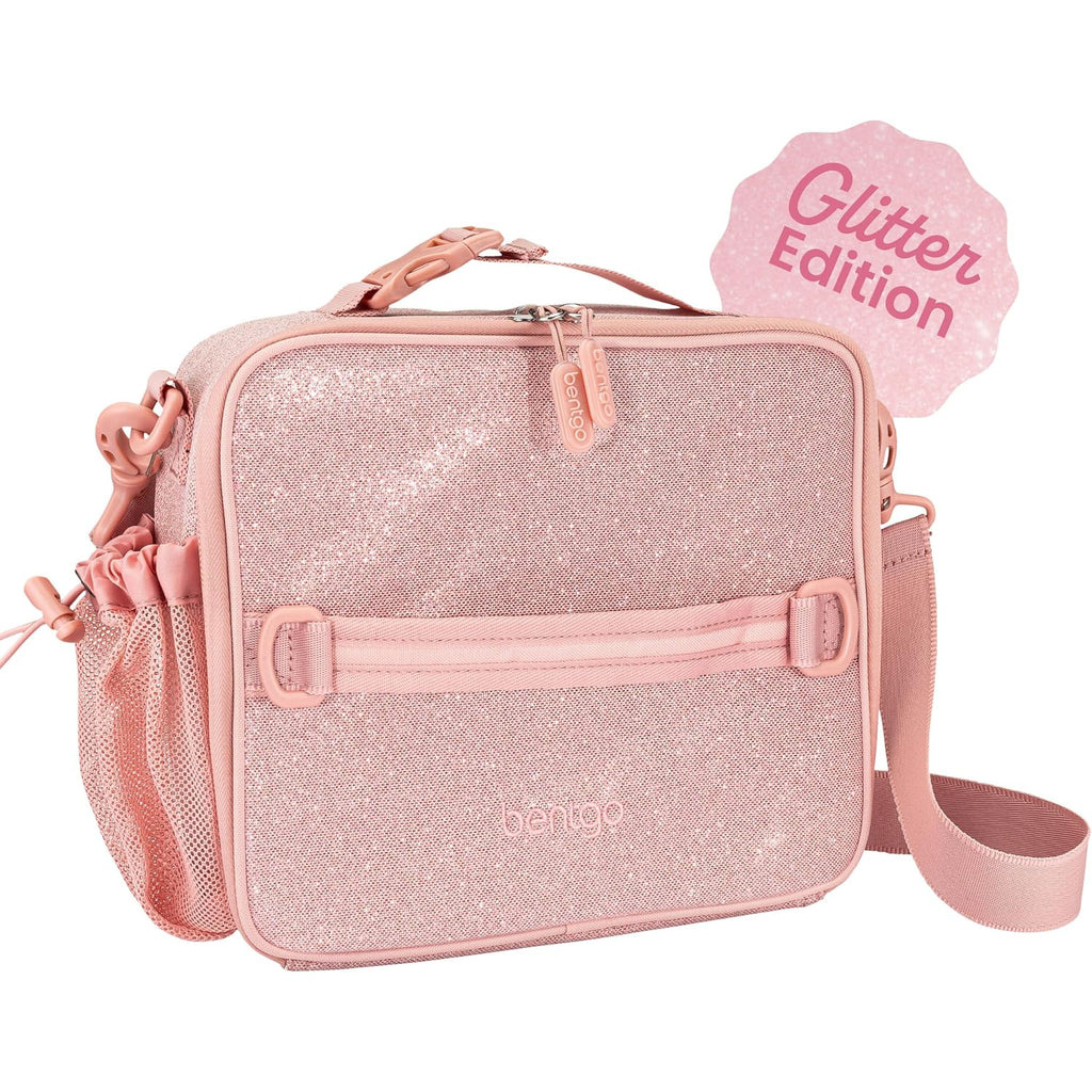 Bentgo Prints Kids Lunch Bag - Double-Insulated, Reusable, For Kids 3+, Adjustable Strap; Holds Kids Lunch Box/Water Bottle; Easy-Clean, Water-Resistant, Pockets (Glitter - Petal Pink)