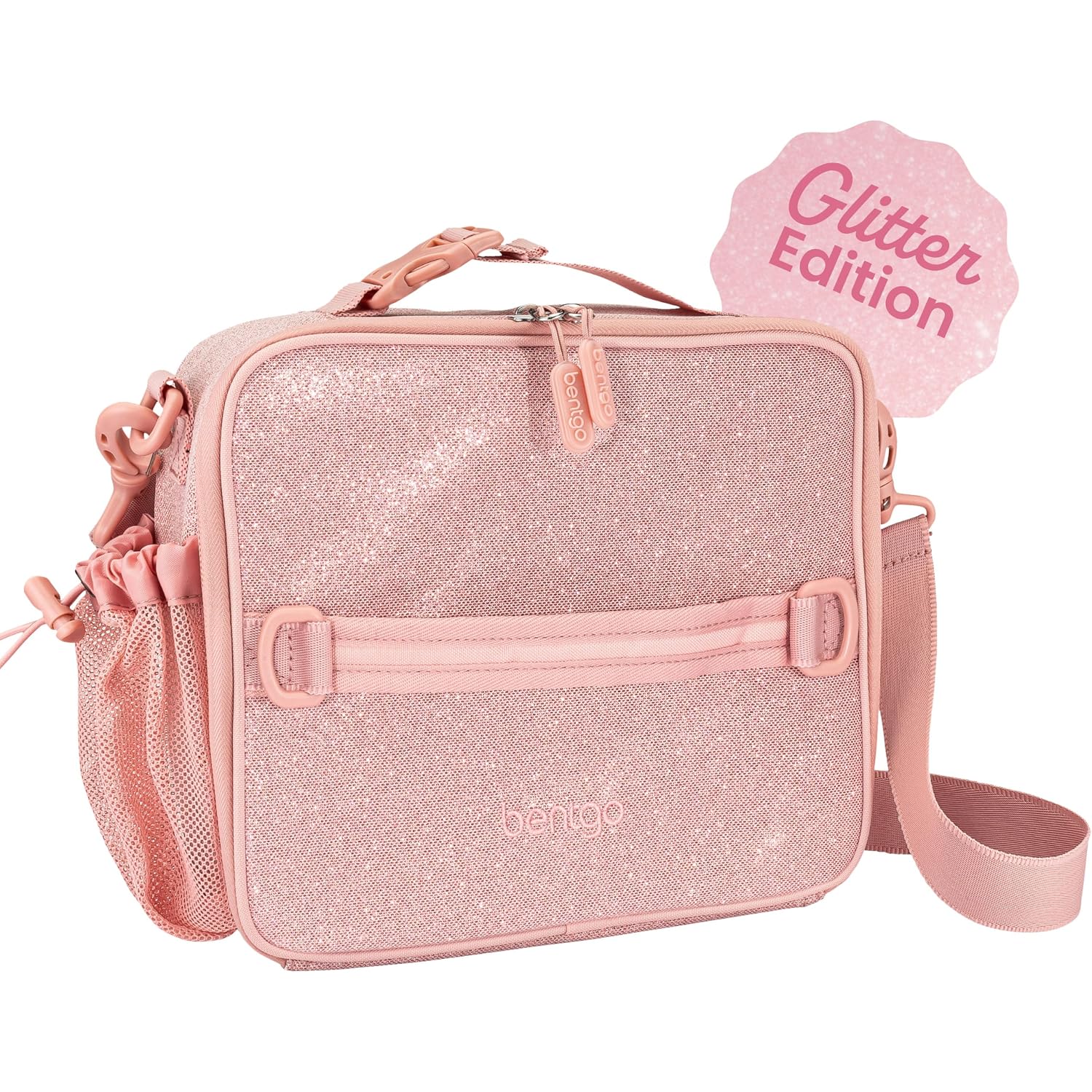 Bentgo Prints Kids Lunch Bag - Double-Insulated, Reusable, For Kids 3+, Adjustable Strap; Holds Kids Lunch Box/Water Bottle; Easy-Clean, Water-Resistant, Pockets (Glitter - Petal Pink)