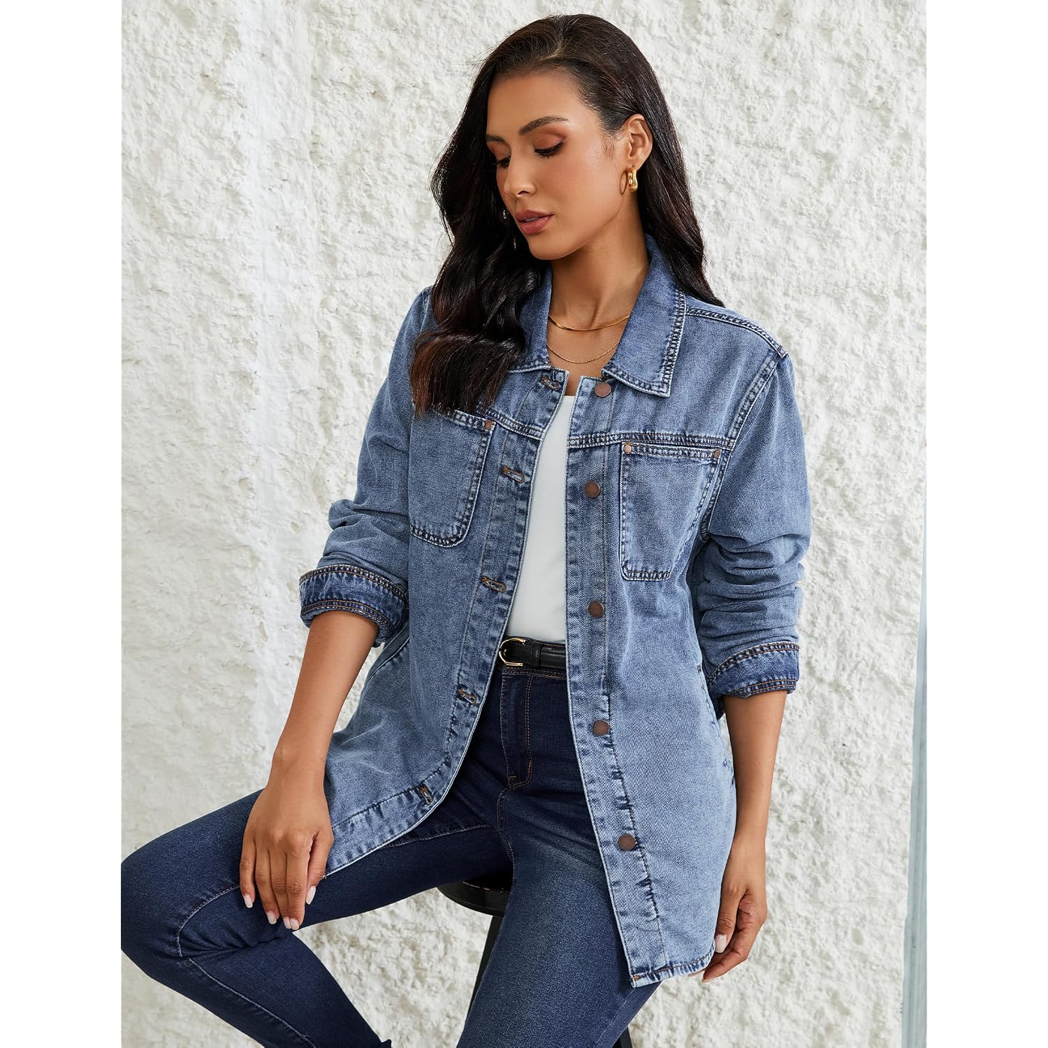 Luvamia Denim Jackets For Women Trendy Long Sleeve Button Down Shirt Jacket Jean Shacket With Pocket Western Work Jacket