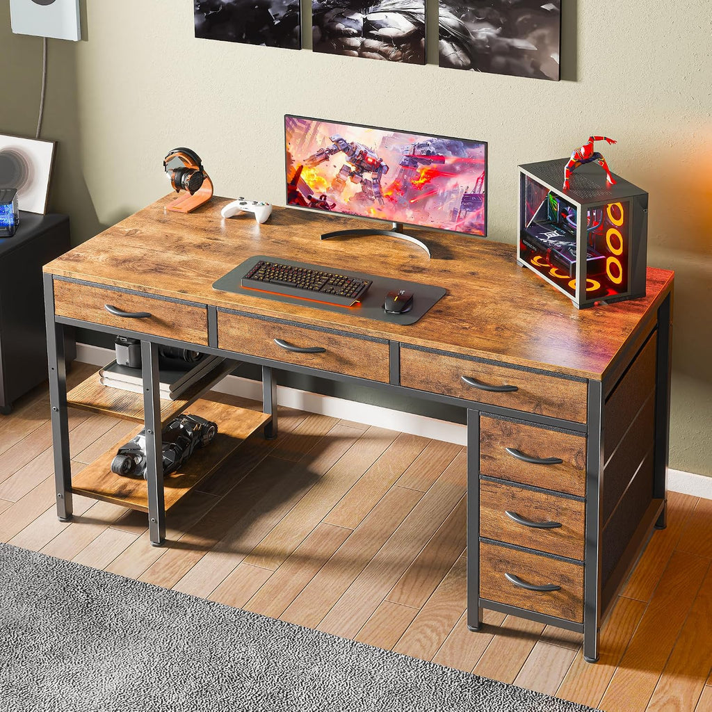 Huuger Computer Desk With 6 Drawers, Office Desk With Shelves, Reversible Gaming Desk, Corner Desk With Storage, Work For Home Office, Study, Living Room, 47Inch, Rustic Brown