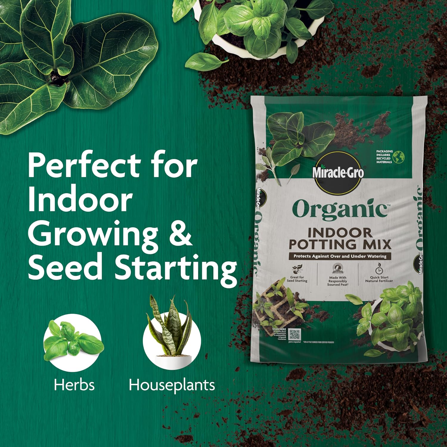 Miracle-Gro Organic Indoor Potting Mix, 16 Qt. | Protects Against Over & Under Watering, Planting Soil For Indoor Container Plants, Houseplants & Starter Plants, Omri Listed