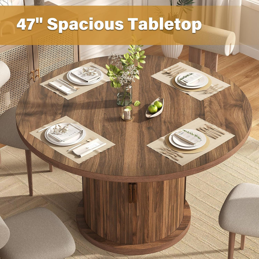 47.24" Round Dining Table For 4, Farmhouse Fluted Kitchen Tables Dining Room Circle Dinner Table, Modern Wood Kitchen & Dining Room Tables