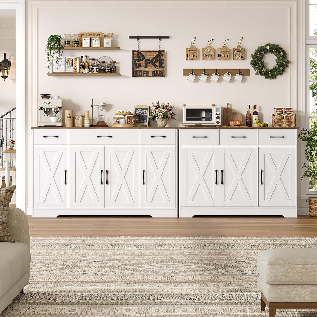 Hostack Kitchen Buffet Sideboard Storage Cabinet, Coffee Bar Cabinet, White | 55"W Farmhouse Kitchen Cabinet With Doors And Adjustable Shelves, Buffet Cabinet With 3 Large Drawers For Dining Living Room