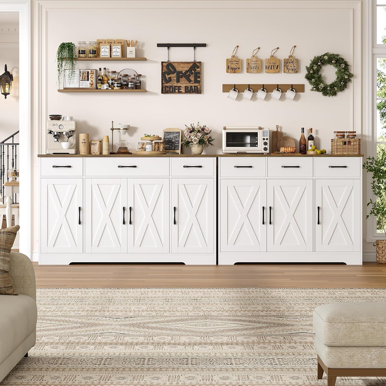 Hostack Kitchen Buffet Sideboard Storage Cabinet, Coffee Bar Cabinet, White | 55"W Farmhouse Kitchen Cabinet With Doors And Adjustable Shelves, Buffet Cabinet With 3 Large Drawers For Dining Living Room