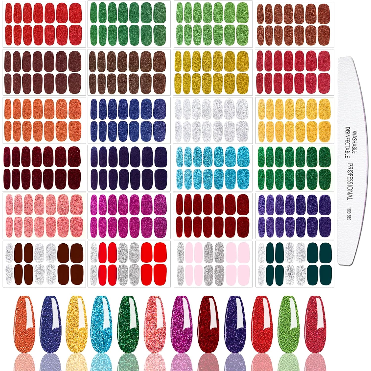 24 Sheets Glitter Solid Color Nail Polish Strips Stickers with Nail File Self-Adhesive Nail Strips Stick On Nail Stickers Full Nail Wraps for Women Girls