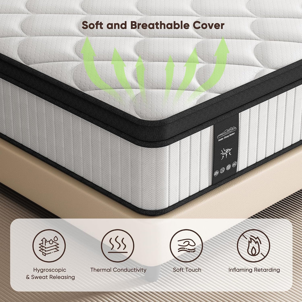 Queen Hybrid Mattress 12 Inch In A Box, Cooling Gel Memory Foam & Pocket Springs, Medium Firm, Pressure Relief & Motion Isolation, Extra Edge Support, Fiberglass Free, All Sleep Positions, Pillow Top