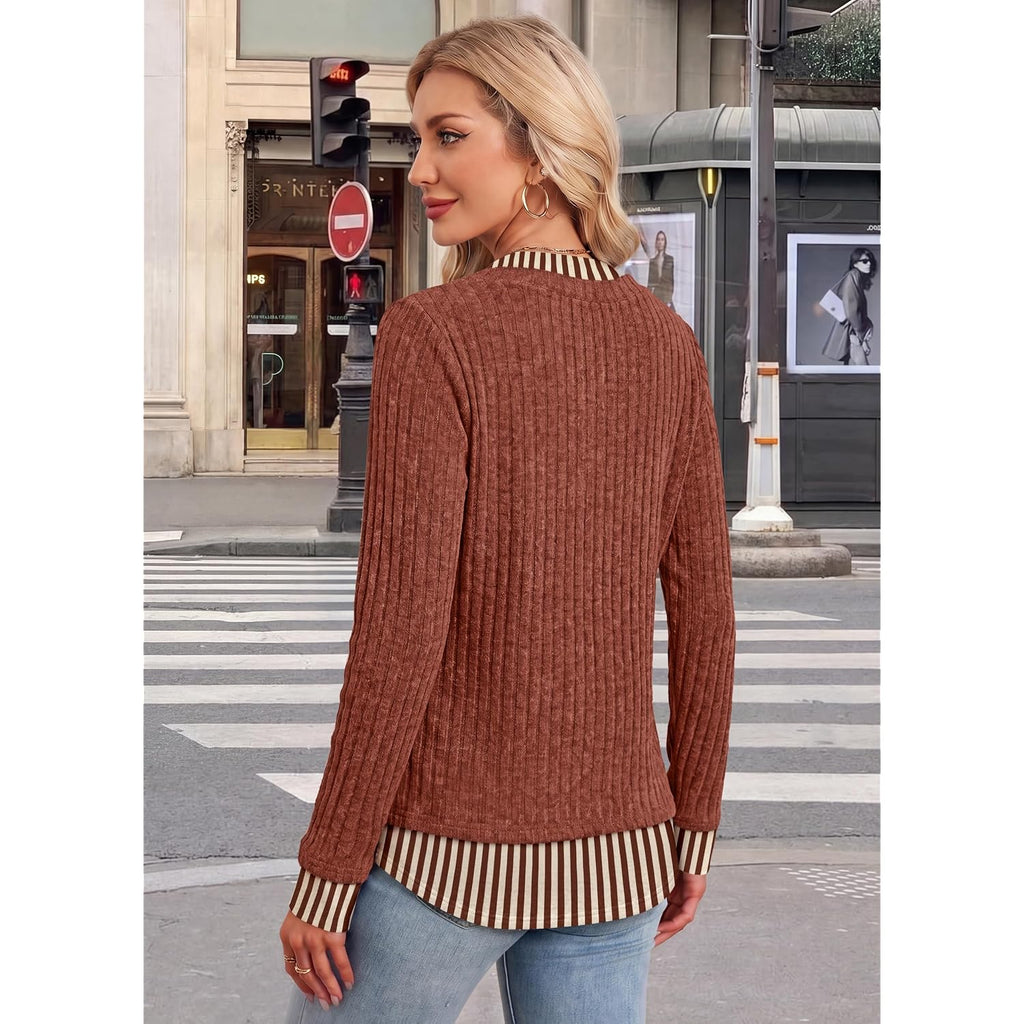 WIHOLL Womens Long Sleeve Shirts Lightweight Tunic Sweaters | 2-in-1 layered look, loose fit, tunic length, dressy casual, school teacher outfits, work to weekend, fall winter fashion