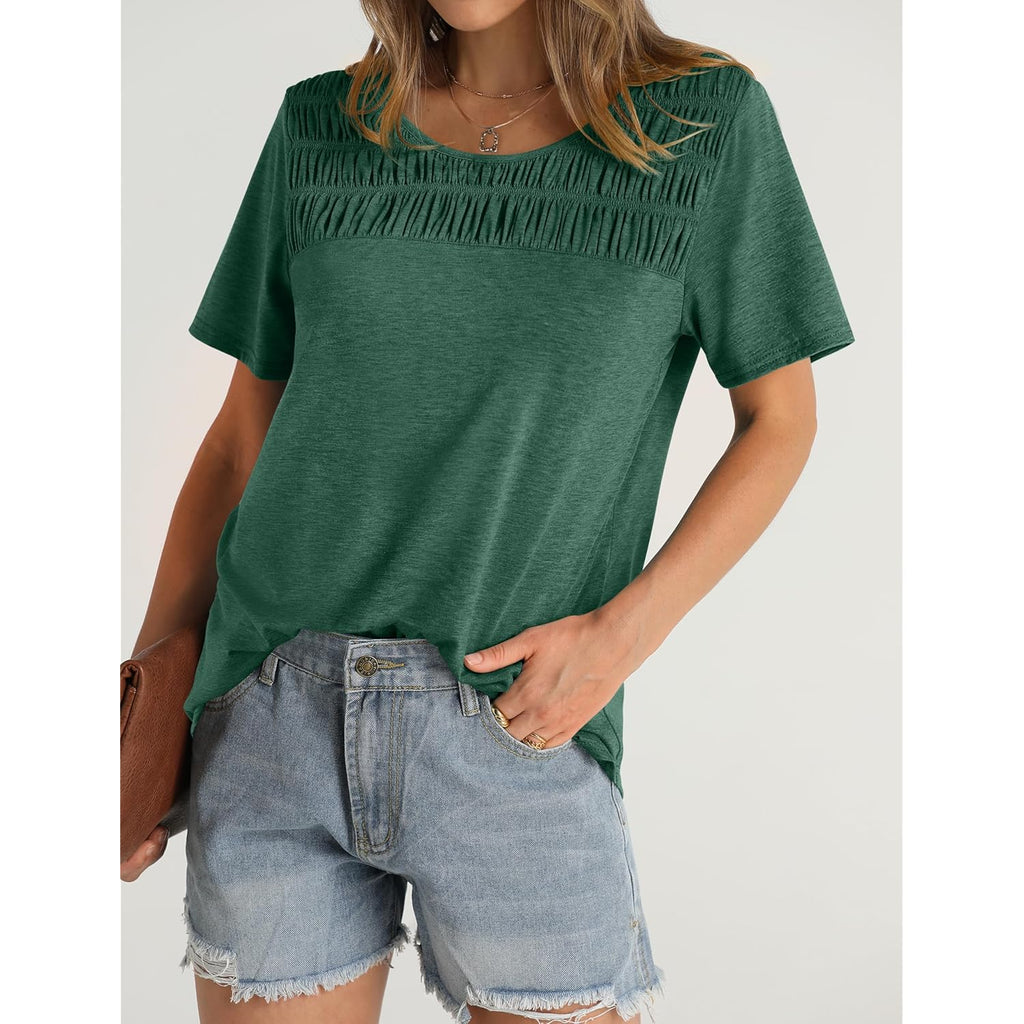 Women's Summer Tops 2026 Trendy Short Sleeve Shirts Smocked Crewneck Tee