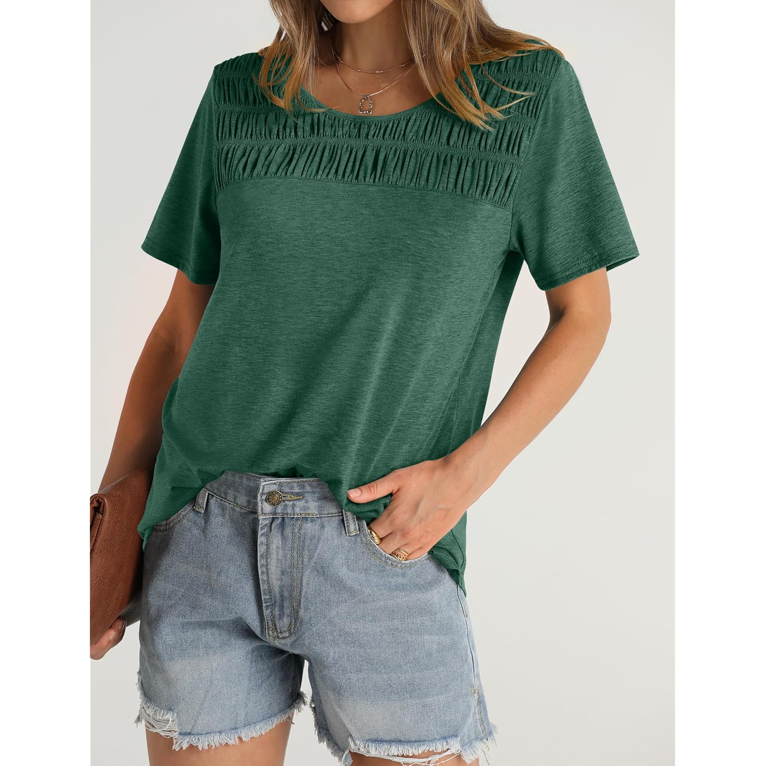 Women's Summer Tops 2026 Trendy Short Sleeve Shirts Smocked Crewneck Tee