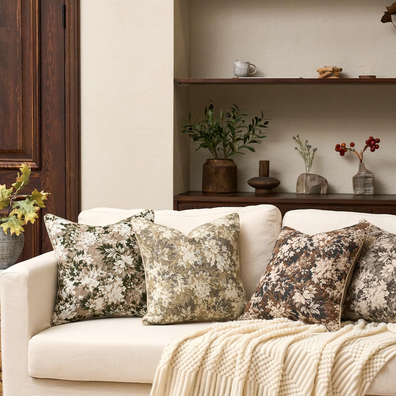 Neutral Floral Pillow Cover 12 X 20 Inches, Vintage Chenille Rectangle Throw Pillow Cover Soft Decorative Farmhouse Accent Couch Pillow Cover For Living Room Bedroom, Beige