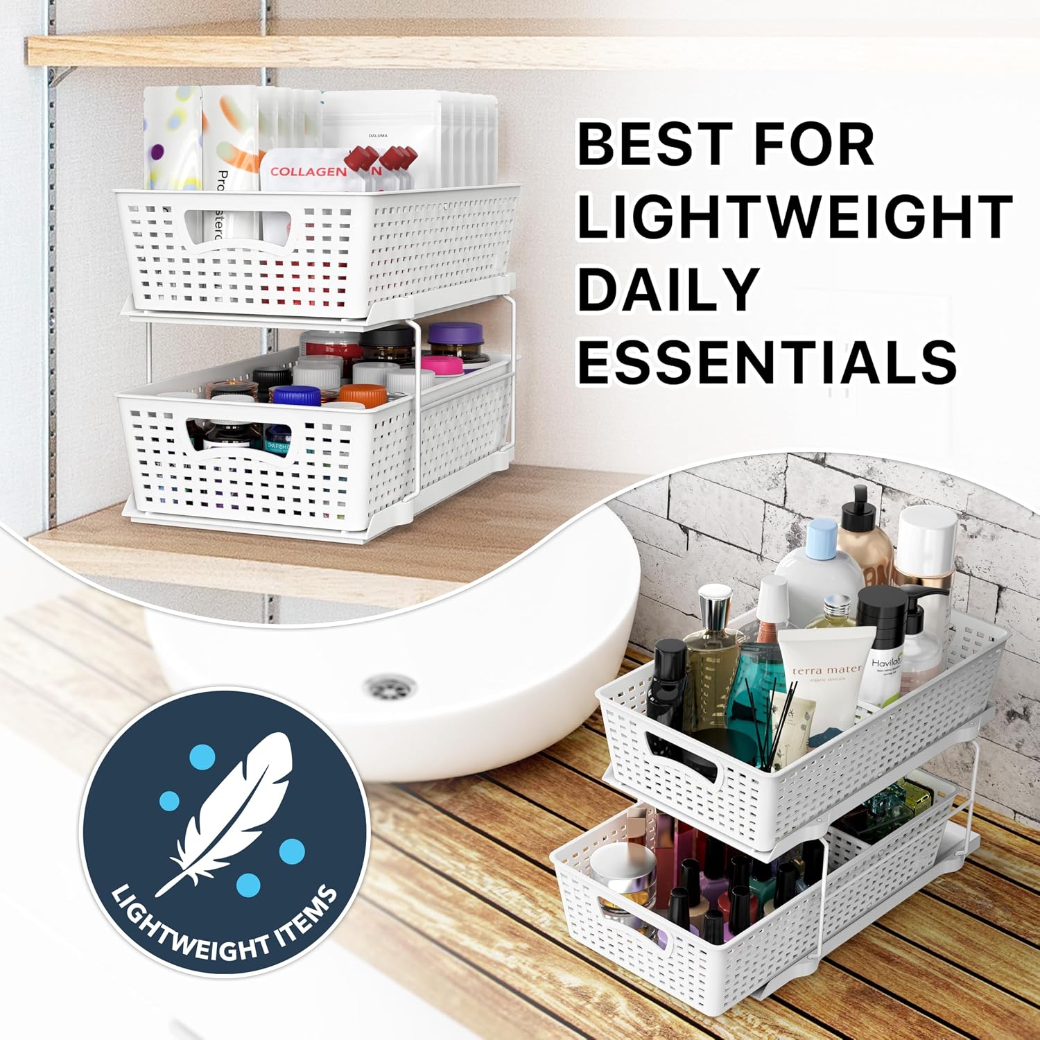 Simple Houseware 2 Tier Pull-Out Sliding Drawer Under Sink Storage, White | Great For Kitchen Bathroom Tray Shelf Organizer
