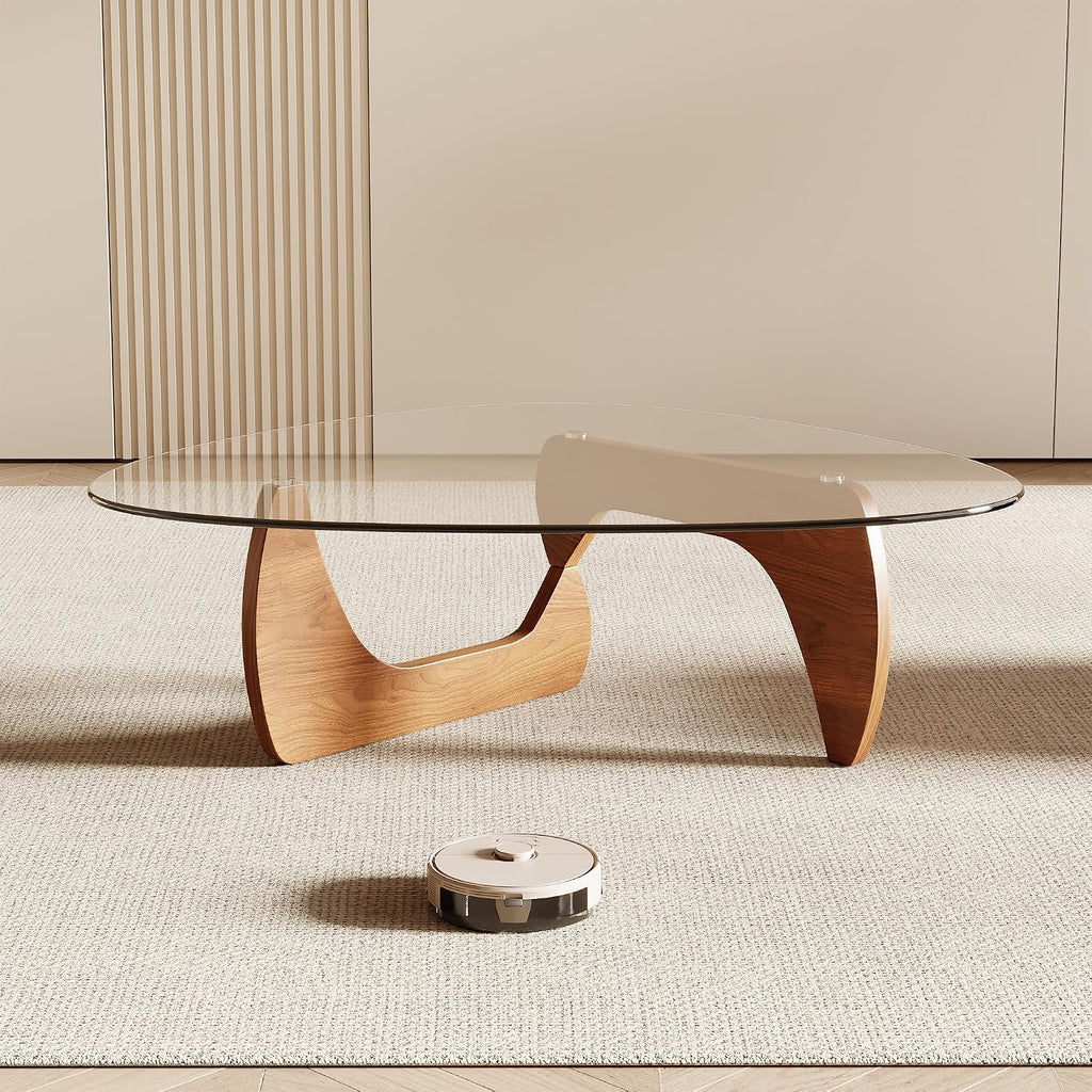 Morden Coffee Table, 42.5" X 28.5" X 16.1" Triangle Tempered Glass Top For Living Room, Color: Natural Wood