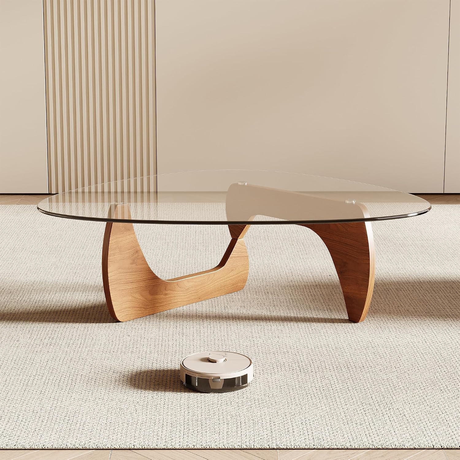 Morden Coffee Table, 42.5" X 28.5" X 16.1" Triangle Tempered Glass Top For Living Room, Color: Natural Wood