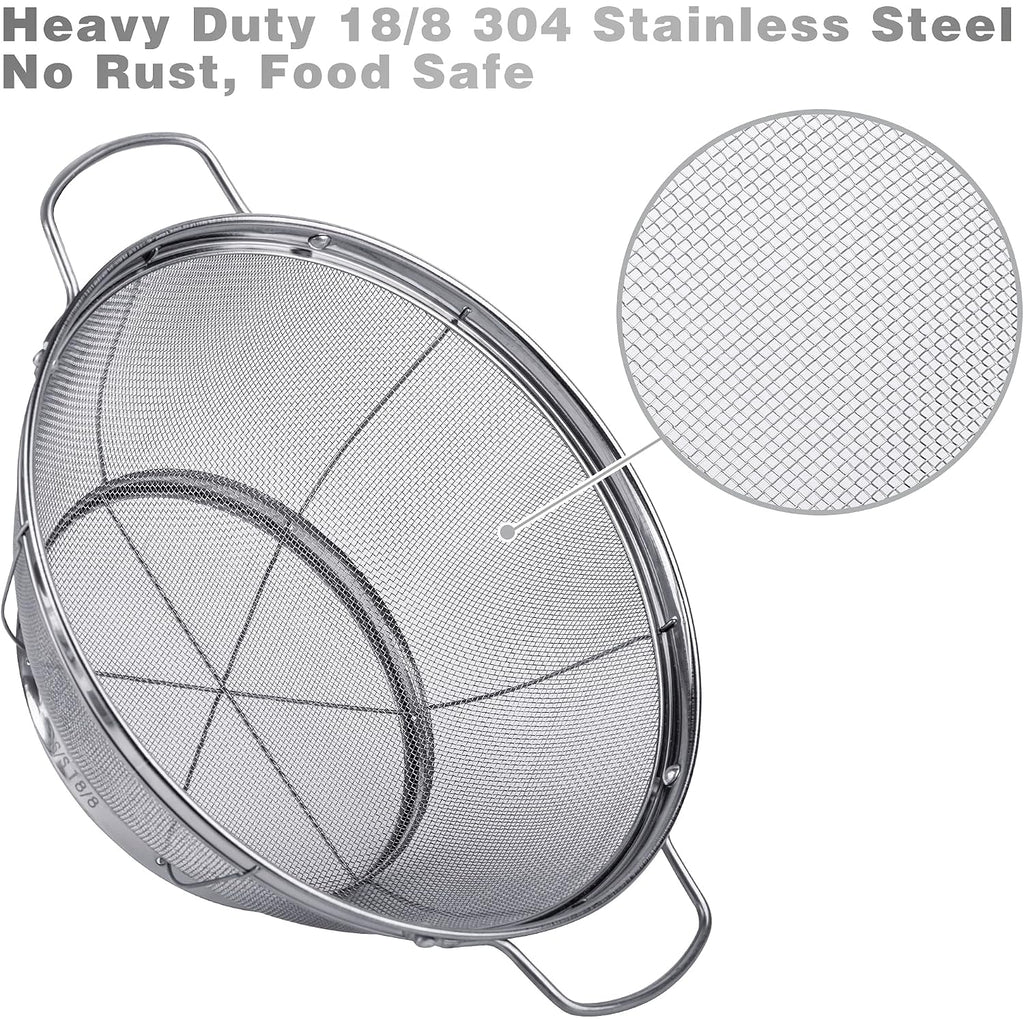 3 Pack 18/8 Stainless Steel Colander Sieves(5-Quart, 4-Quart And 3-Quart), Mesh Strainer Net Baskets With Handles & Resting Base For Strain, Drain, Rinse Or Steam