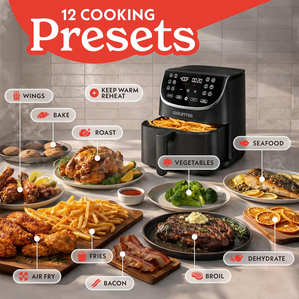 Gourmia Air Fryer - 7 Qt Large Capacity With Led Display, 12 One-Touch Presets, Fryforce 360° Technology, Nonstick Dishwasher-Safe Basket & Crisper Tray, Black