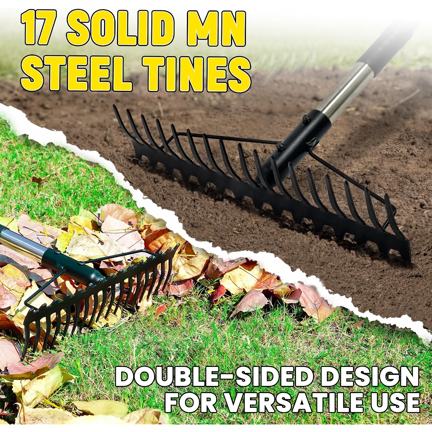 Bow Rake, 68-Inch Adjustable Handle Garden Rake With 17 Steel Tines, Heavy Duty Dual-Sided Metal Rake Landscape Gardening Tool For Soil Loosening Lawn Yard Leaves Mulch Thatch Removing