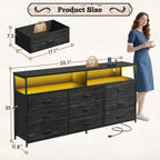 55" W Dresser For Bedroom With 9 Drawers Led Tv Stand With Power Outlets For 45, 55, 65 Inch Tv Sturdy Long Chest Of Drawers With Extra 2 Wooden Shelves Steel Frame Grain Black