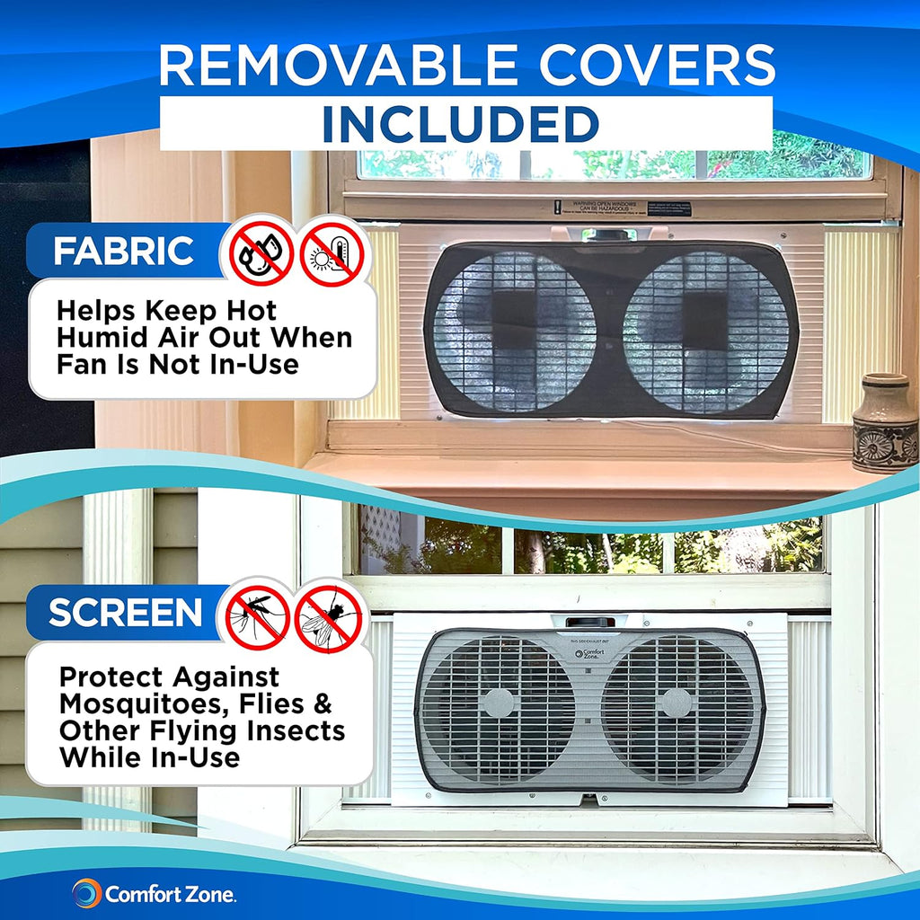 Comfort Zone Twin Window Fan With Reversible Airflow Control, 9 Inch, Auto-Locking Expanders, 2 Speed Fan, Dual Fan, Exhaust, Airflow 9.84 Ft/Sec, Ideal For Home, Kitchen, Bedroom & Office, Cz319Wt