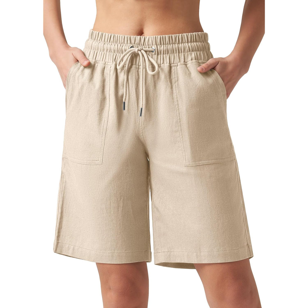 Women's Linen Shorts Casual Bermuda Long Linen Shorts High Waisted Comfy Summer with Pockets 5" 10"