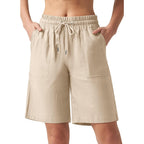 Women's Linen Shorts Casual Bermuda Long Linen Shorts High Waisted Comfy Summer with Pockets 5" 10"