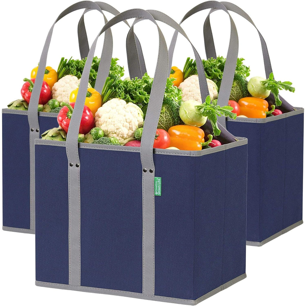 Reusable Grocery Bags (3 Pack) – Heavy Duty Reusable Shopping Bags With Box Shape To Stand Up, Stay Open, Fold Flat – Large Tote Bags Are Foldable With Long Handles & Hard Bottom (Navy Blue)