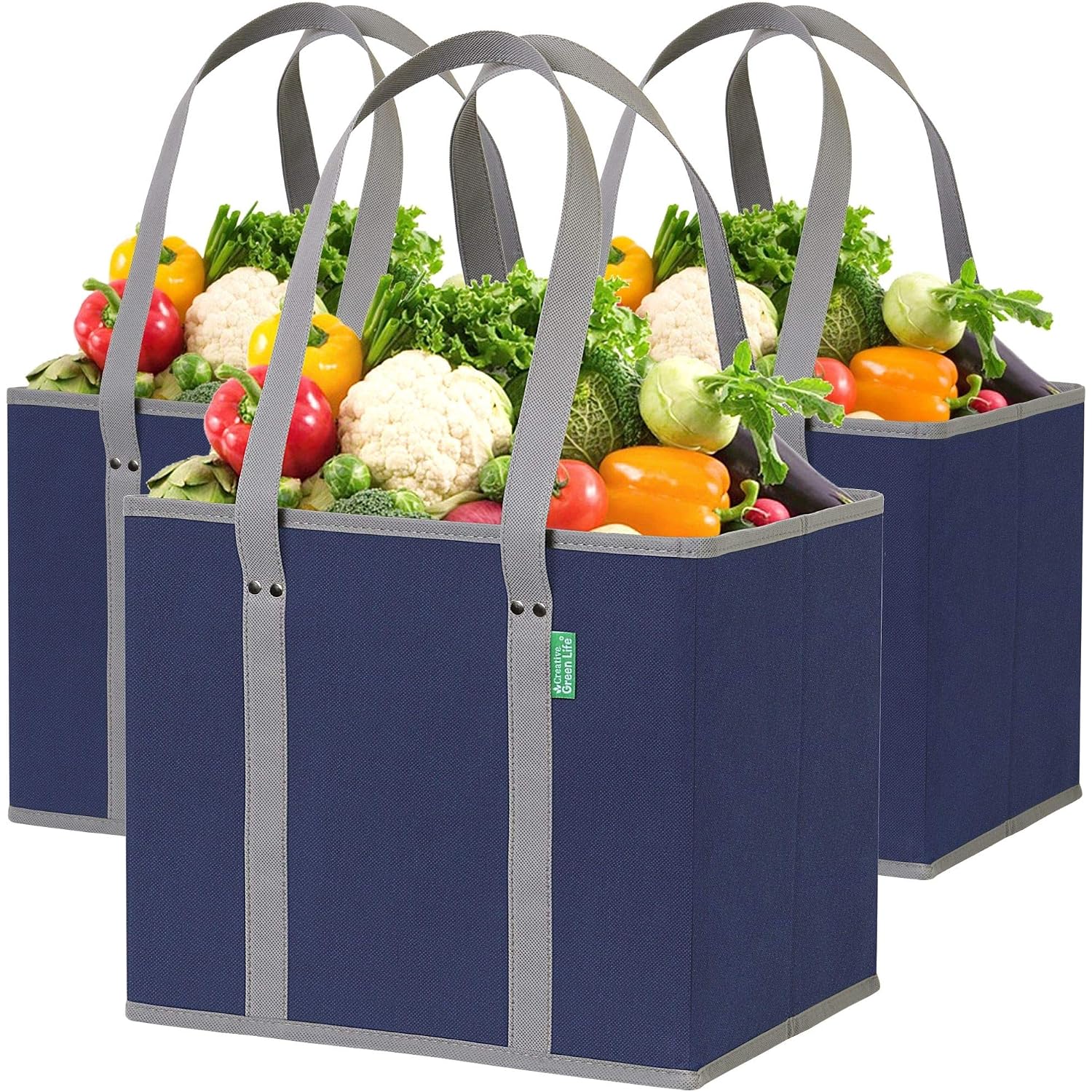 Reusable Grocery Bags (3 Pack) – Heavy Duty Reusable Shopping Bags With Box Shape To Stand Up, Stay Open, Fold Flat – Large Tote Bags Are Foldable With Long Handles & Hard Bottom (Navy Blue)