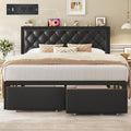 Queen Bed Frame With 2 Storage Drawers, Upholstered Headboard Button Tufted Bed Frame With Charging Station, No Box Spring Needed, Noise-Free, All Metal Structure, Black