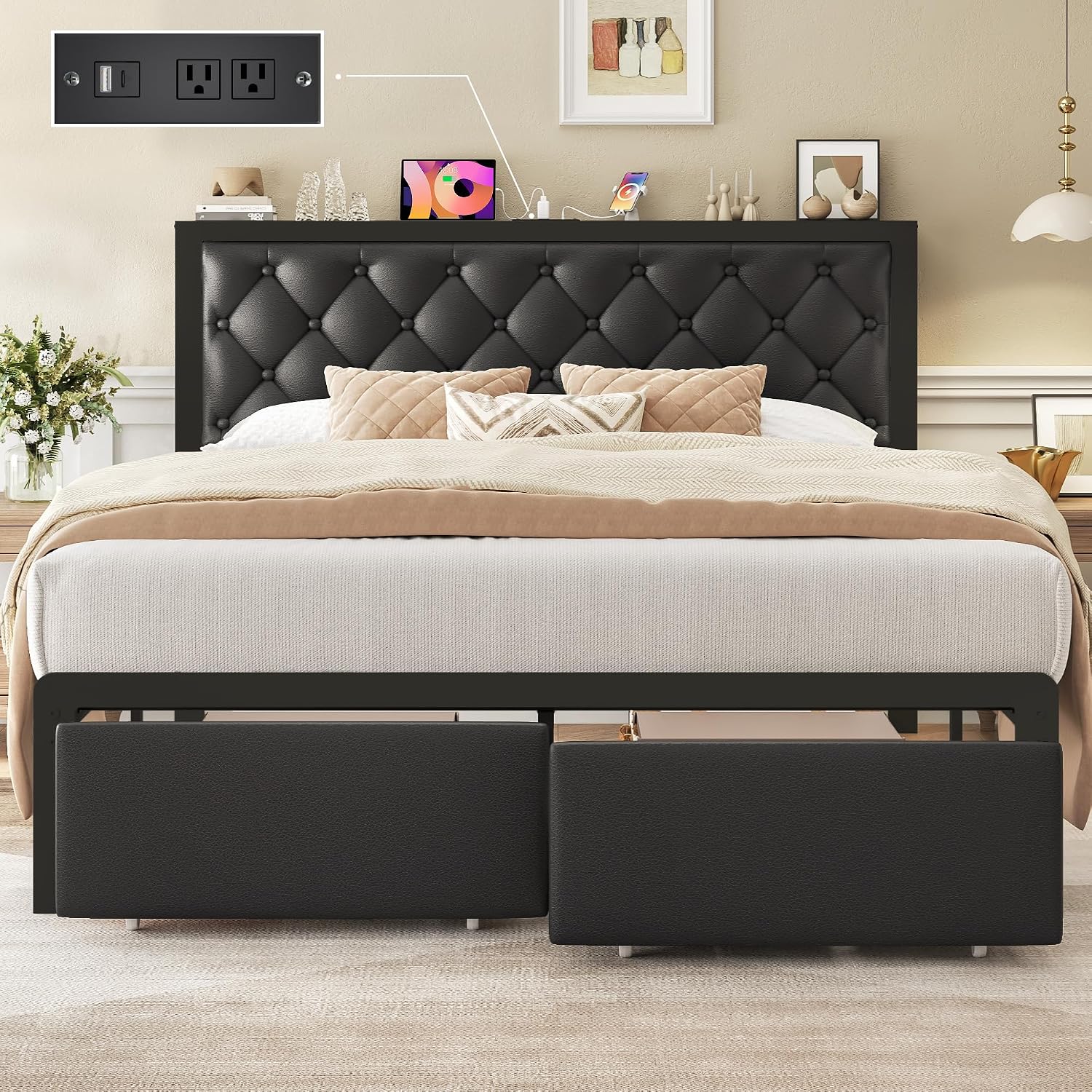 Queen Bed Frame With 2 Storage Drawers, Upholstered Headboard Button Tufted Bed Frame With Charging Station, No Box Spring Needed, Noise-Free, All Metal Structure, Black