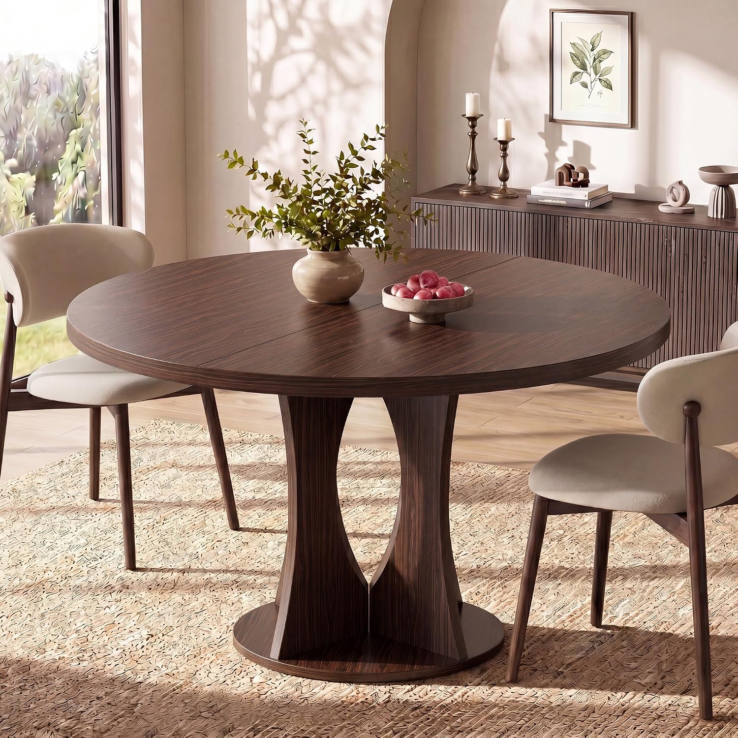 47.2-Inch Round Dining Table, Kitchen Table For 4-6, Farmhouse Circle Dining Room Table, Space Saving Wood Kitchen & Dining Room Furniture, Black Oak