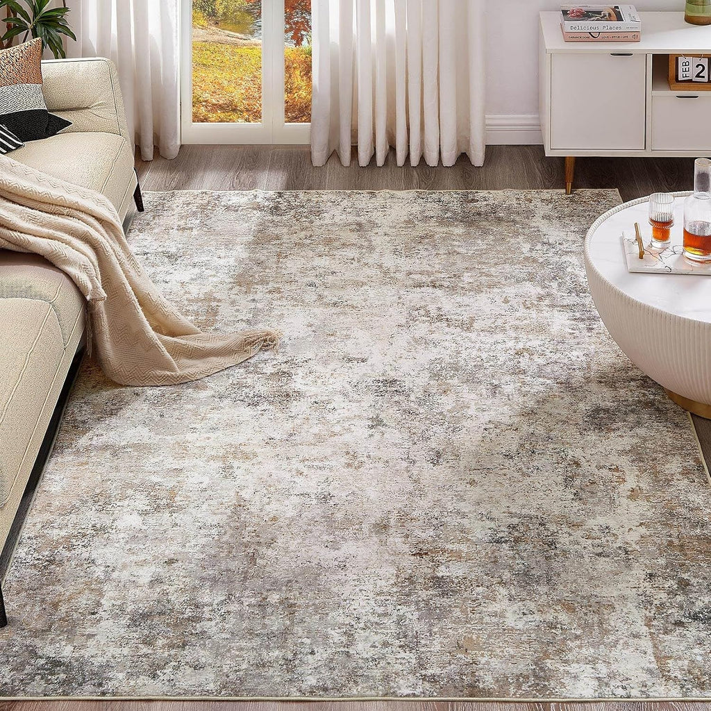 8X10 Area Rug Living Room Rugs - Washable Neutral Modern Abstract Soft Thin Large Rug Indoor Floor Non Slip Rug Carpet For Bedroom Under Dining Table Home Office Decor - Brown Grey