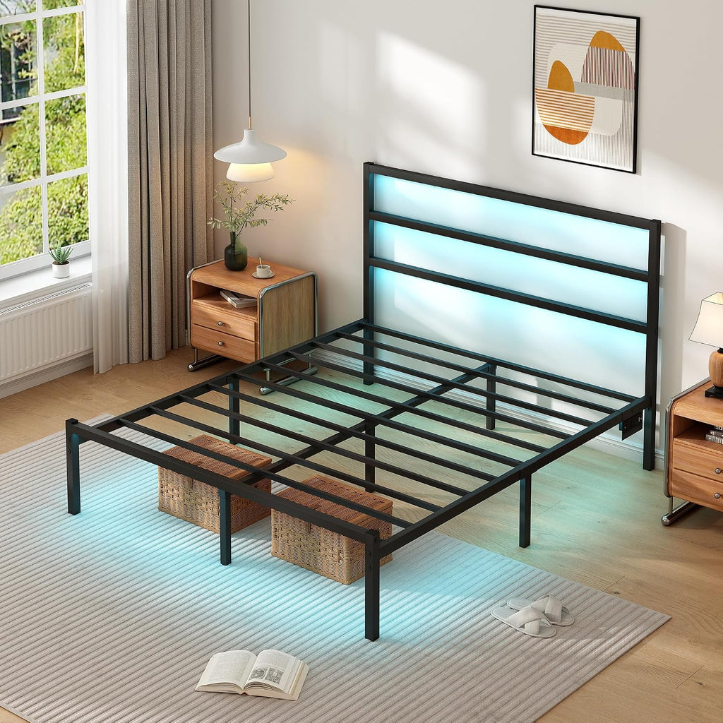 Clibfeng Full Size Bed Frame With Headboard,Heavy Duty Steel Slats Support-Led Bed Frame With Usb Charging Station,Mattress Foundation-Under Bed Storage,No Box Spring Needed,Noise Free，Black