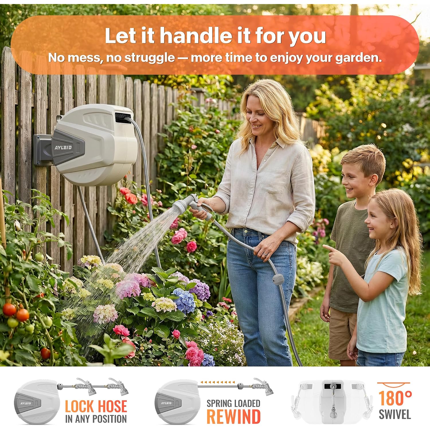 Retractable Rubber Hybrid Garden Hose Reel, 1/2"X100Ft Wall Mount | Anti-Freeze, Kink-Free Premium Rubber Hybrid Hose, 24-Month Warranty, 9-Pattern Sprayer, Any-Length Lock, Slow Auto-Return.