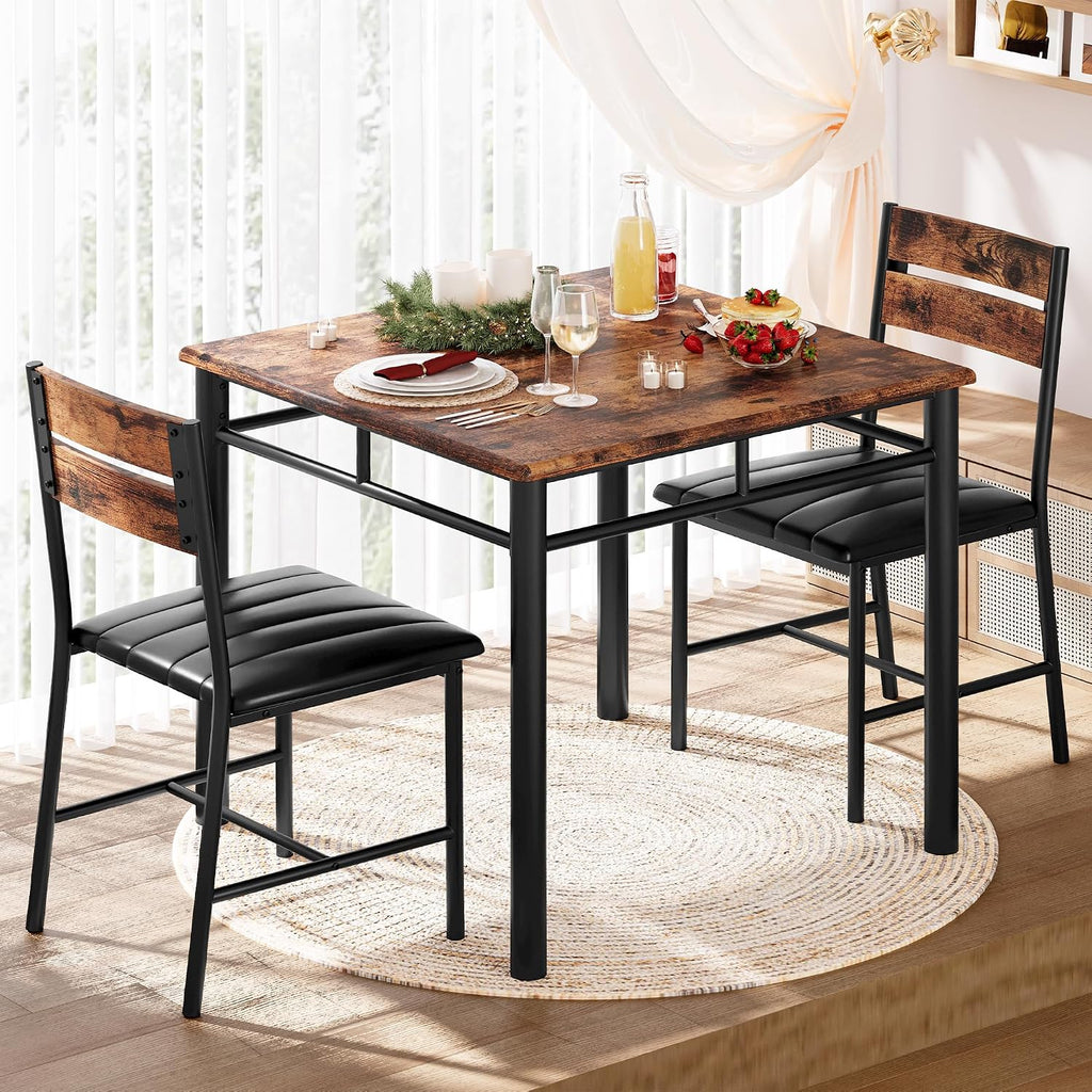 Ironck Dining Table Set For 2, Small Kitchen Table With Upholstered Chairs Dinning Table Set For Kitchen & Dining Room, Compact Dining Set For Small Spaces, Rustic Brown