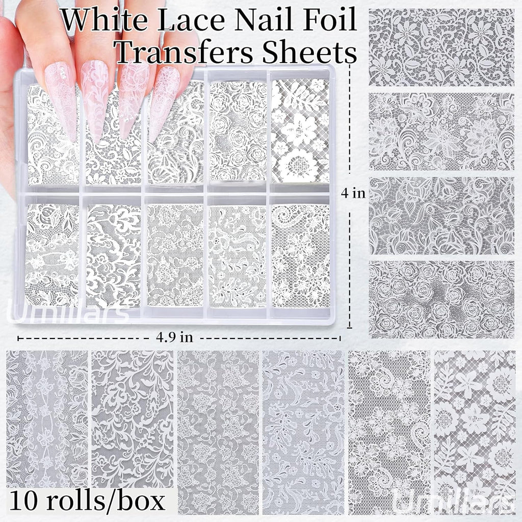 White Lace Nail Foil Transfer Stickers, 10 Rolls Nail Lace Flowers Stickers Design Holographic Nail Foils Transfer Paper Nail Art Decals for Women DIY Acrylic Nails Manicure Wraps Salon Decoration